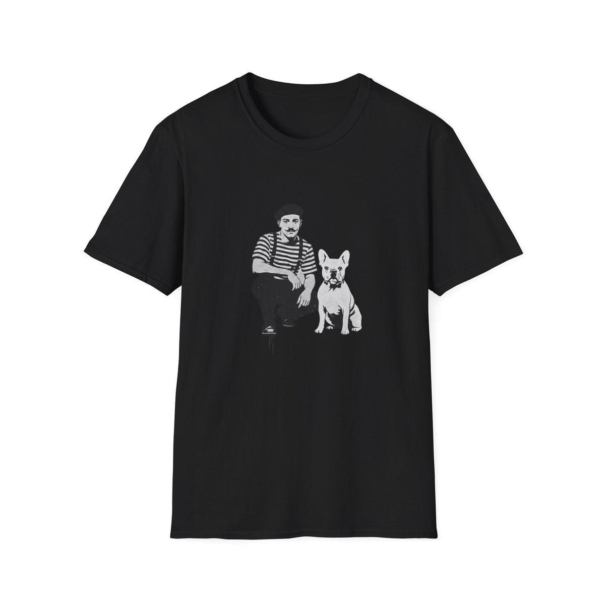 Black graphic t-shirt featuring Banksy-style stencil art of a French mime crouched beside a French bulldog.