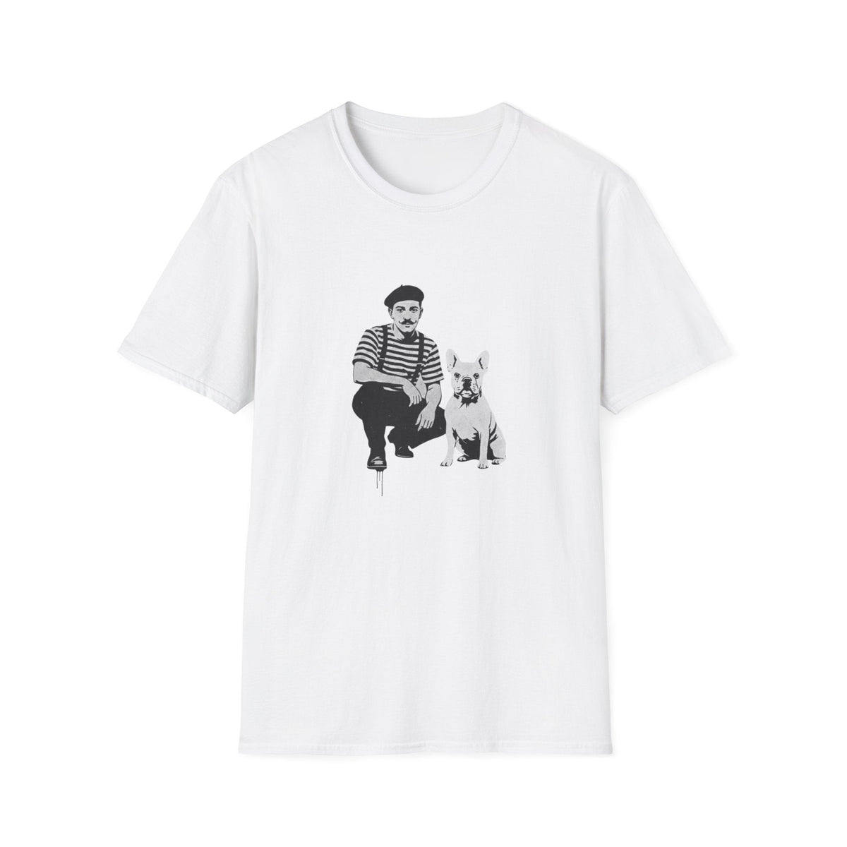 Vintage French Bulldog Street Art Graphic Print on White Crewneck T-Shirt