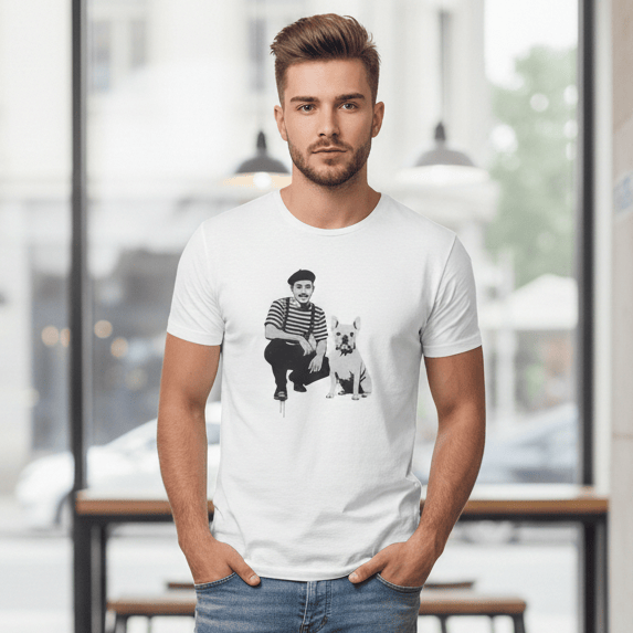 Vintage French Bulldog Street Art Graphic Print on White Crewneck T-Shirt