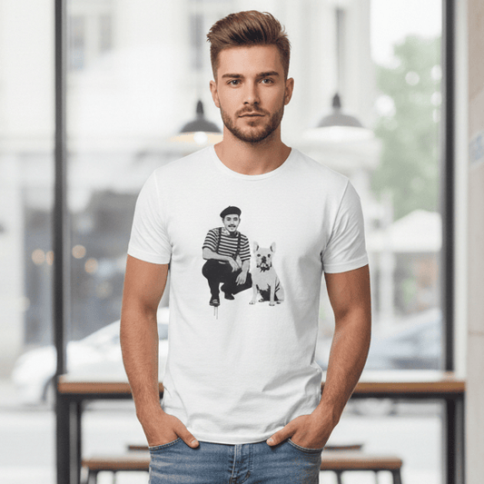 Vintage French Bulldog Street Art Graphic Print on White Crewneck T-Shirt