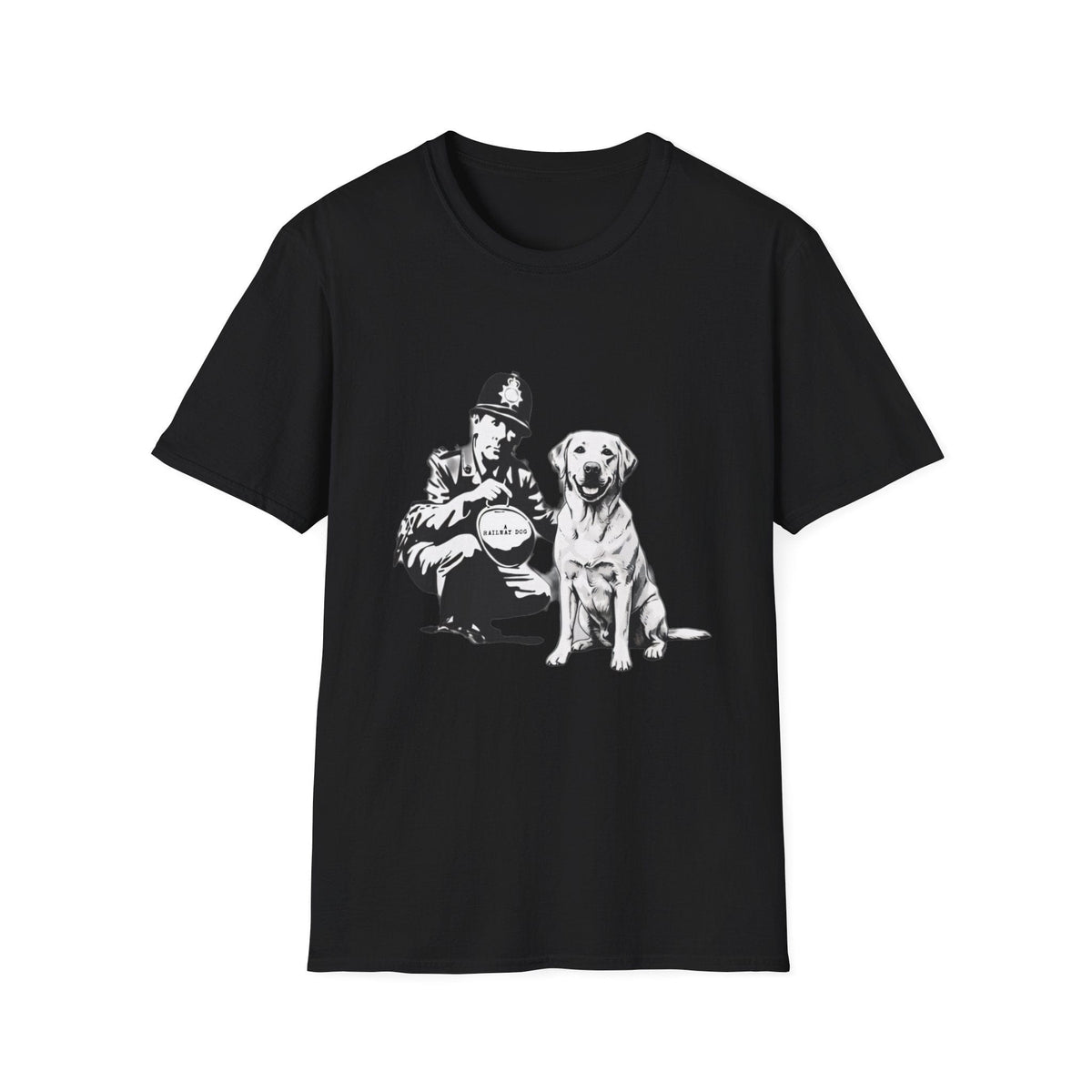 Black graphic t-shirt featuring Banksy-style stencil art of a Labrador retriever sitting beside a British police officer holding an "A Railway Dog" lantern.