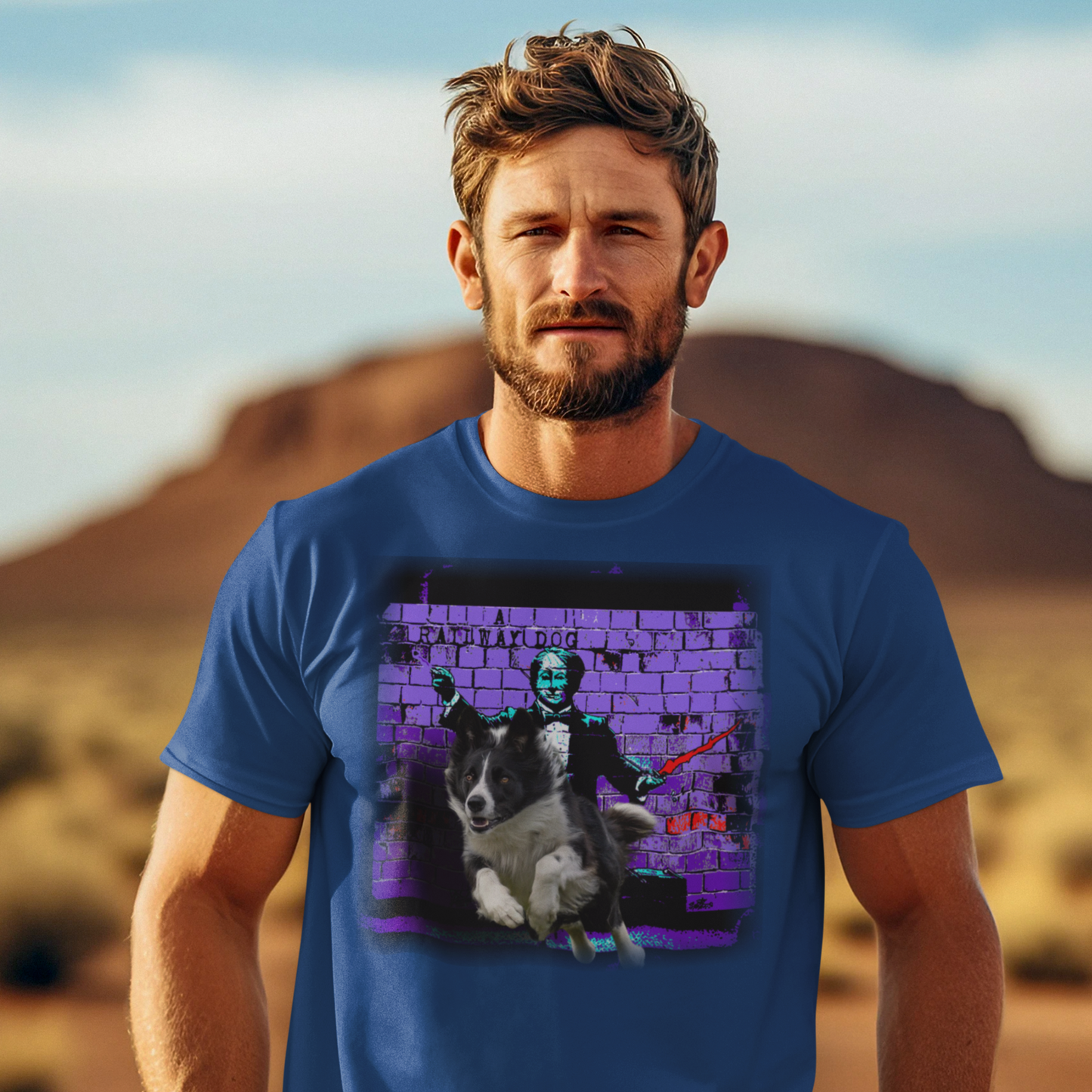 A Border Collie dog, known for its intelligence and herding ability, featured on a t-shirt.